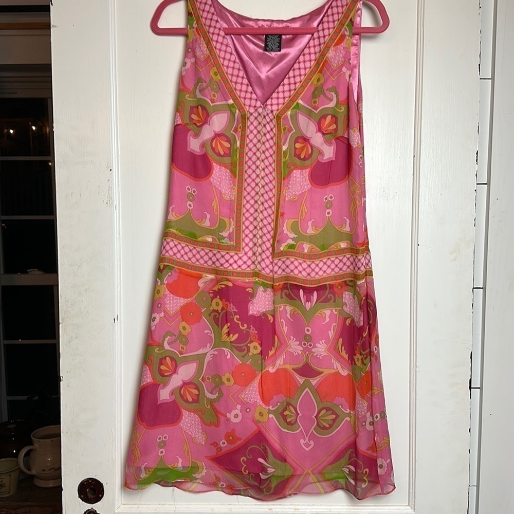 Y2K 100% Silk Boho Shift Dress Pink Floral Resort Sleeveless ECI New York - Picture 2 of 13